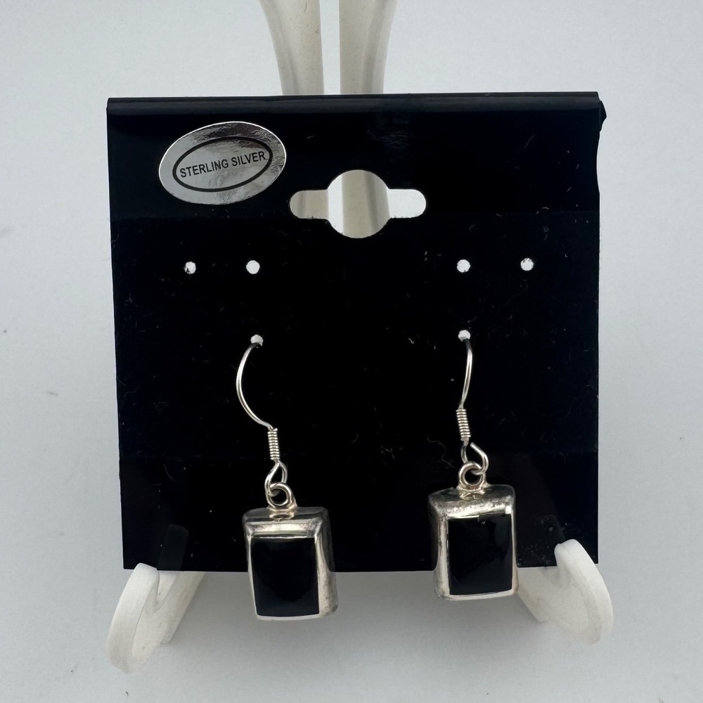 Black Onyx Stamped Mexico 925 Drop Earrings Black Sterling Silver Rectangle